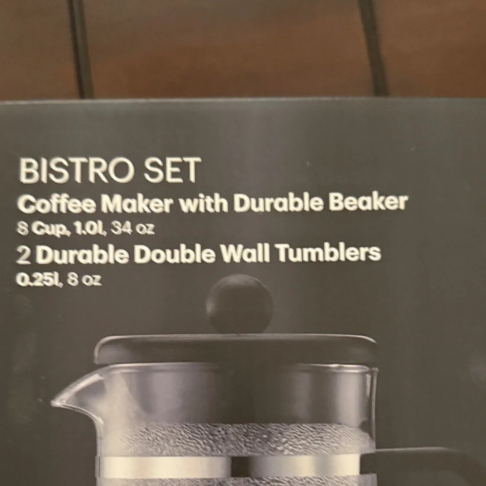 New in Box Bodum Bistro Set with Black Coffee Maker and Tumblers